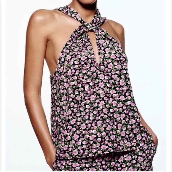 NWT Zara Floral Twist Neck Halter Blouse Tank Top Purple Black Green White Sz S - Picture 1 of 8